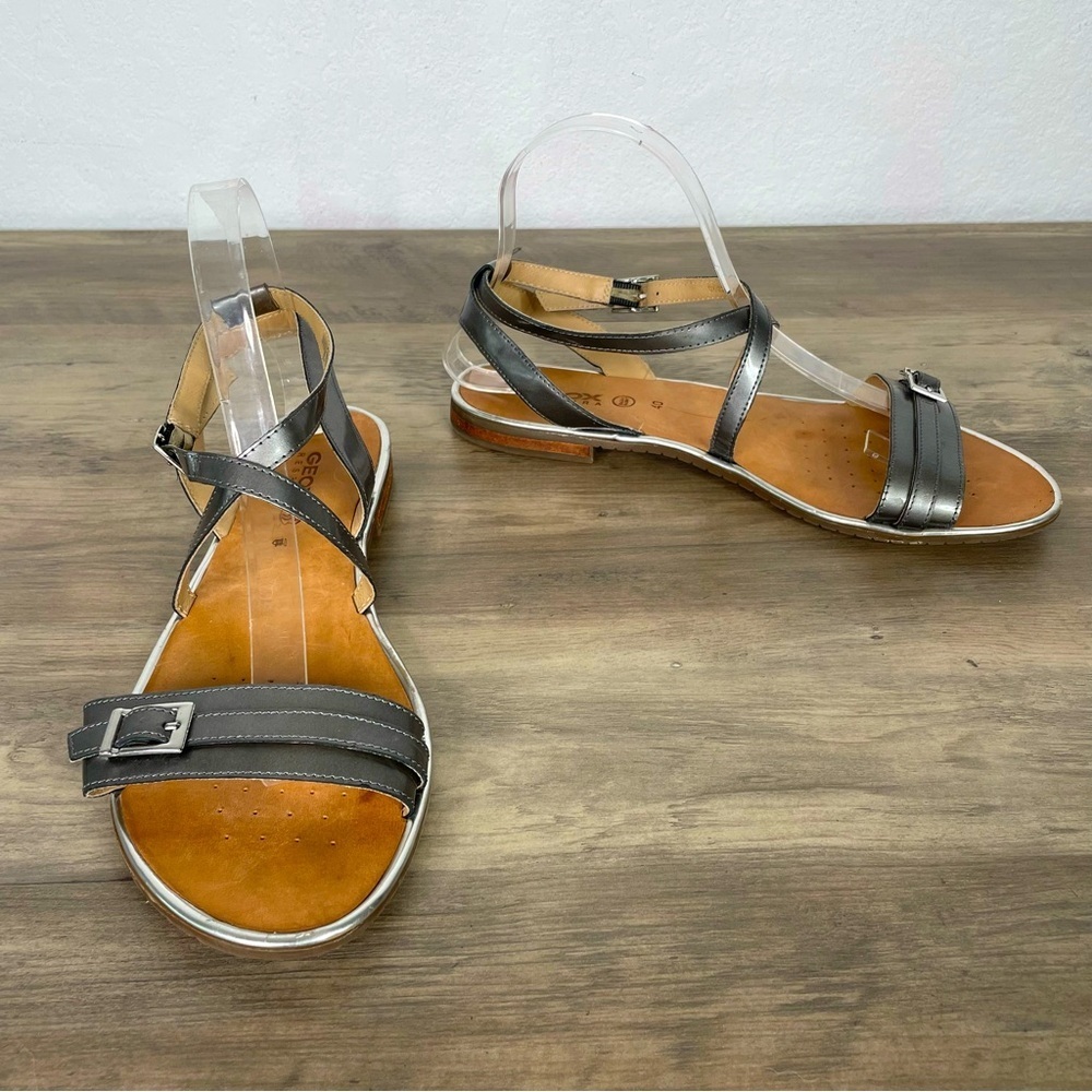Geox Respira Gunmetal Gray Patent Leather Strappy Sandals
